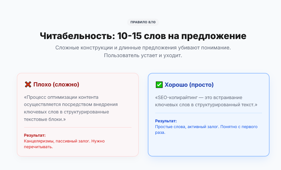 Читабельность в статье: 10-15 слов на предложение