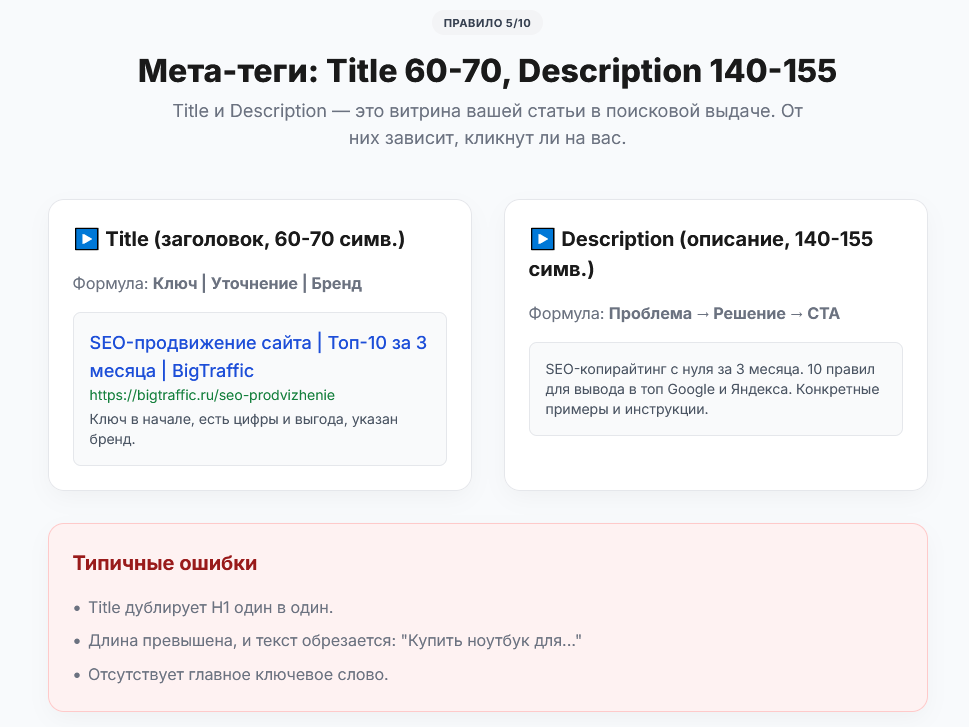 Пример правильных Мета-тег Title и Description для SEO-копирайтинга